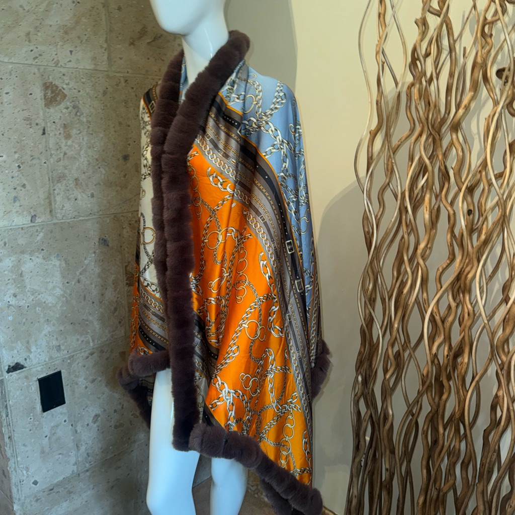 Luxury Orange And Blue Silk-Print Fur-Trim Wrap